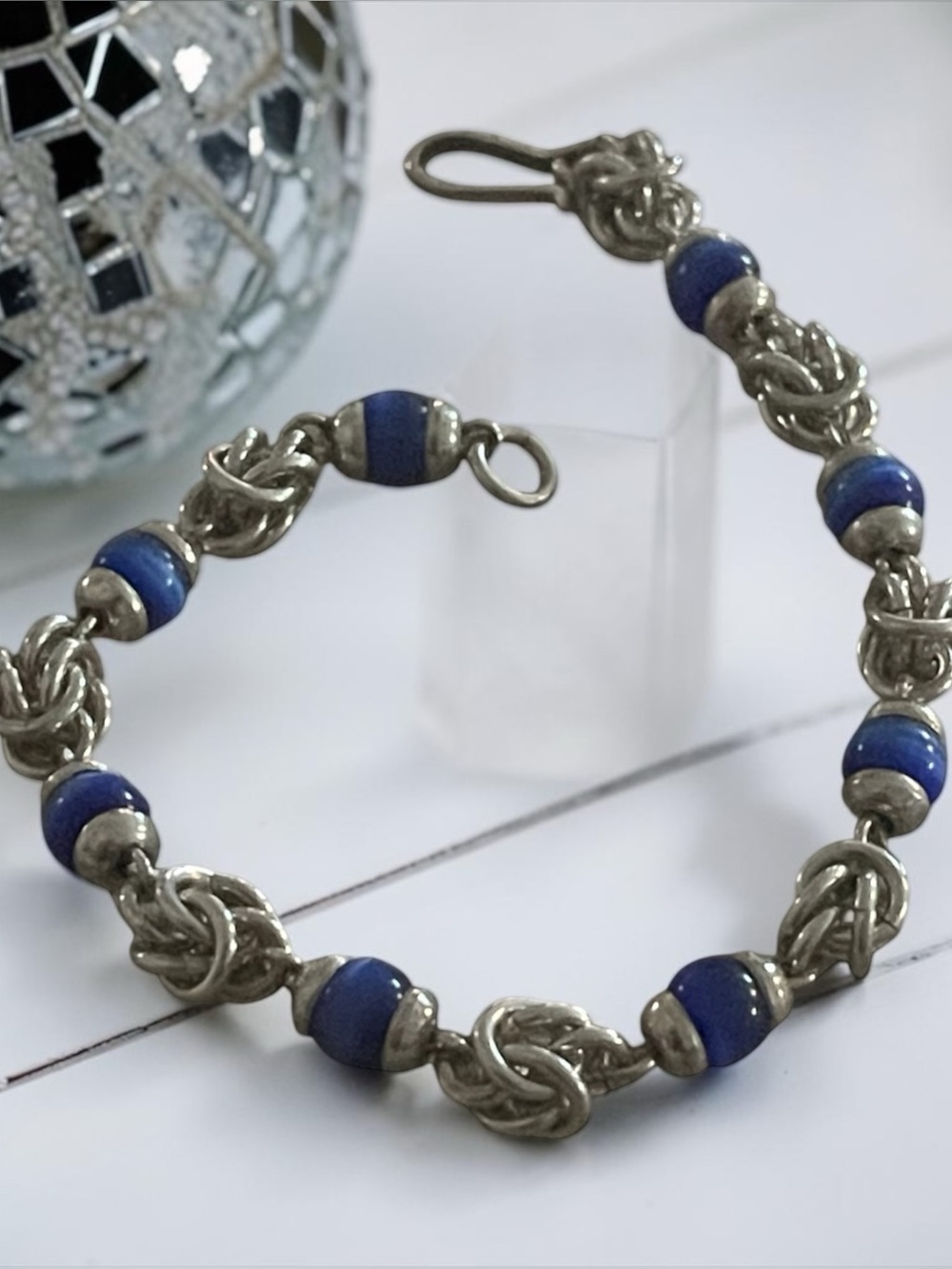 Vintage Sterling Silver and Blue Beaded Bracelet